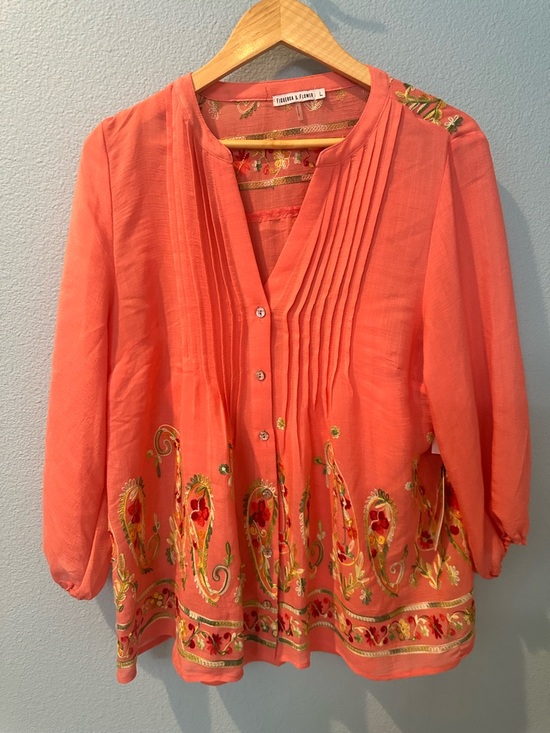 fig and flower Tops - fig and flower Coral Embroidered Pintuck Blouse